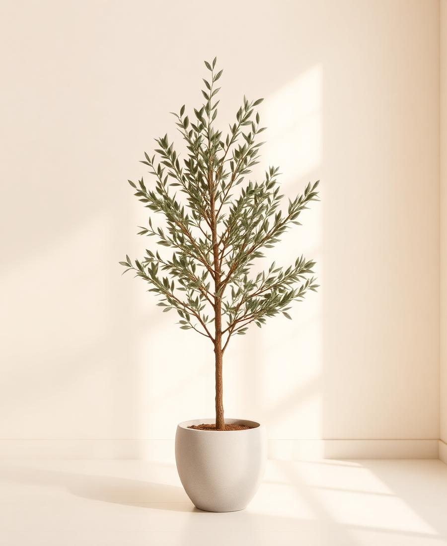 Artificial olive tree styled in a minimalist ivory room