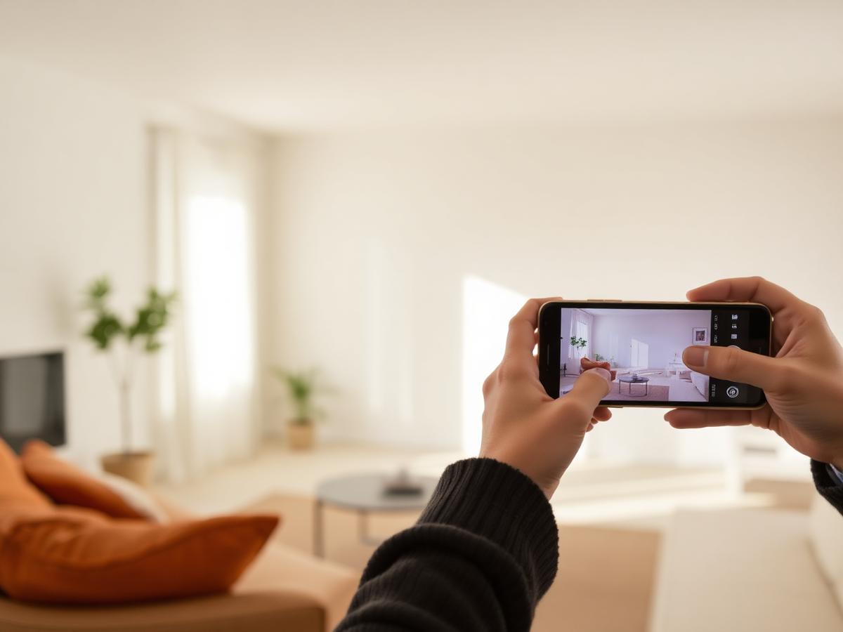 Person photographing a room with a smartphone to plan greenery