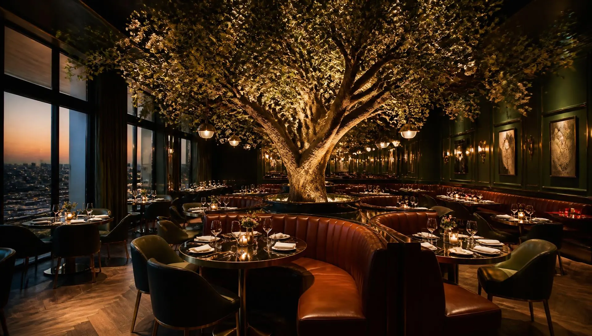 Upscale restaurant interior with an oversized artificial tree