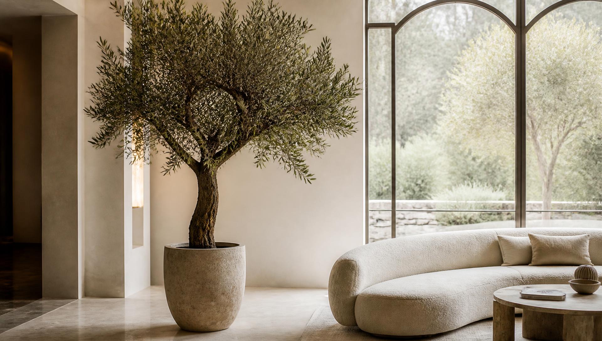 Artificial olive tree in a sunlit minimalist interior