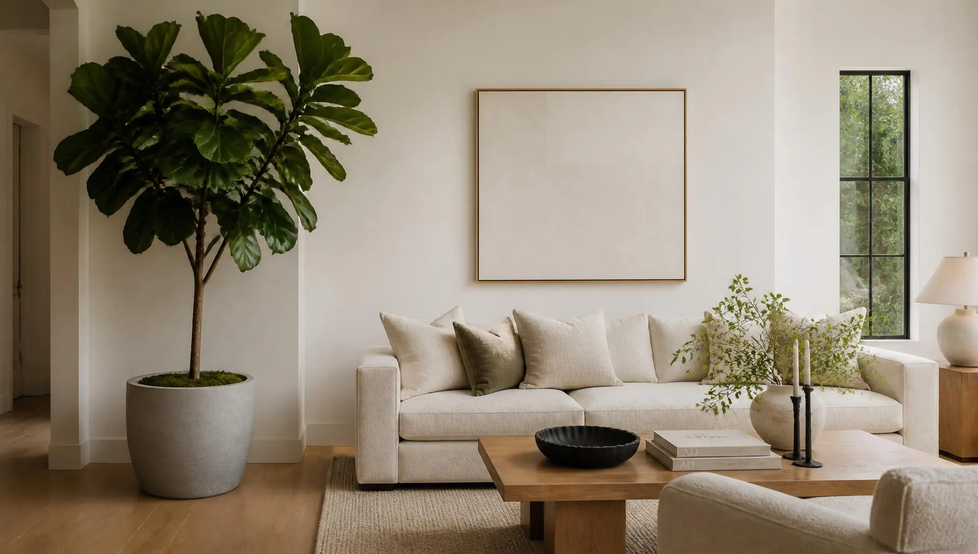 Luxury living room with a large artificial tree